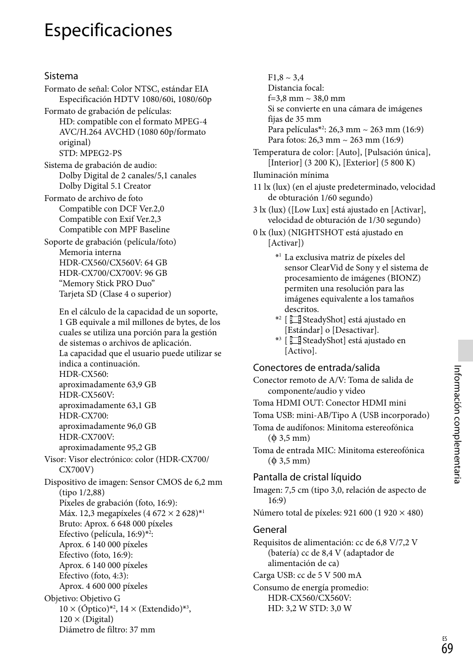 Especificaciones | Sony HDR-CX560V User Manual | Page 147 / 155