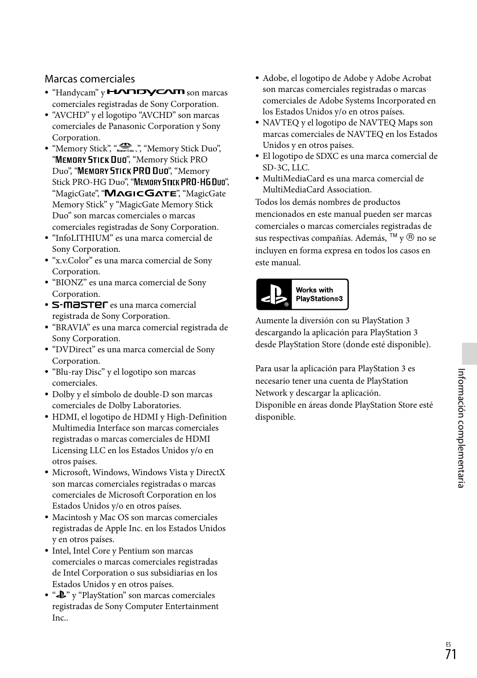 Marcas comerciales | Sony HDR-CX560V User Manual | Page 149 / 155