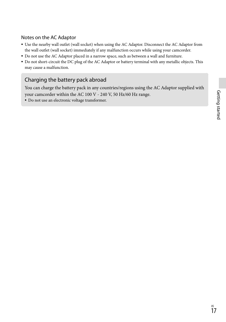 Charging the battery pack abroad | Sony HDR-CX560V User Manual | Page 17 / 155