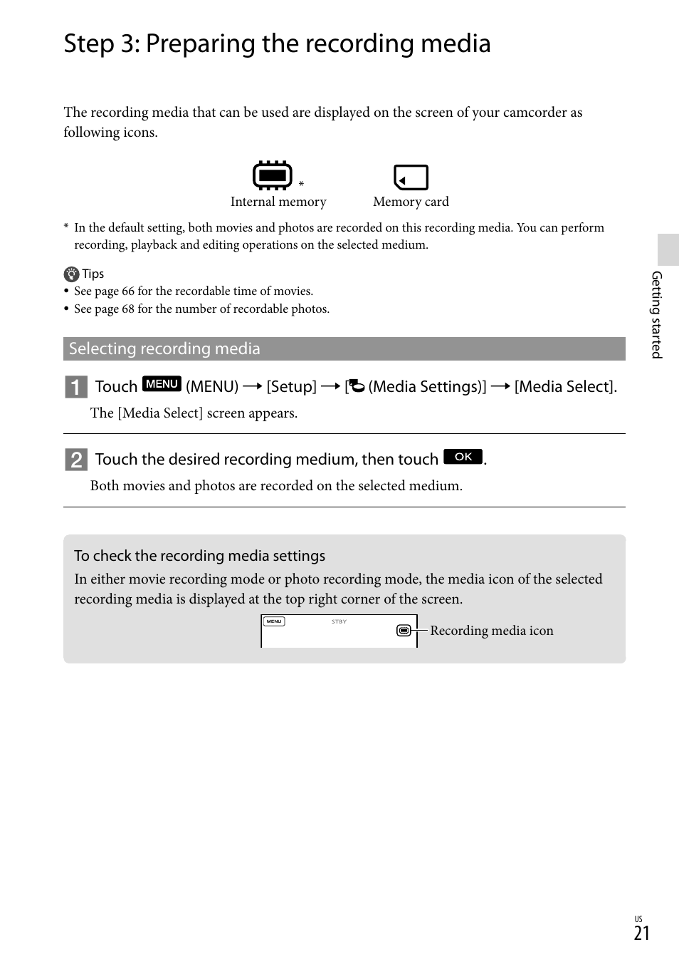 Step 3: preparing the recording media, To check the recording media settings | Sony HDR-CX560V User Manual | Page 21 / 155