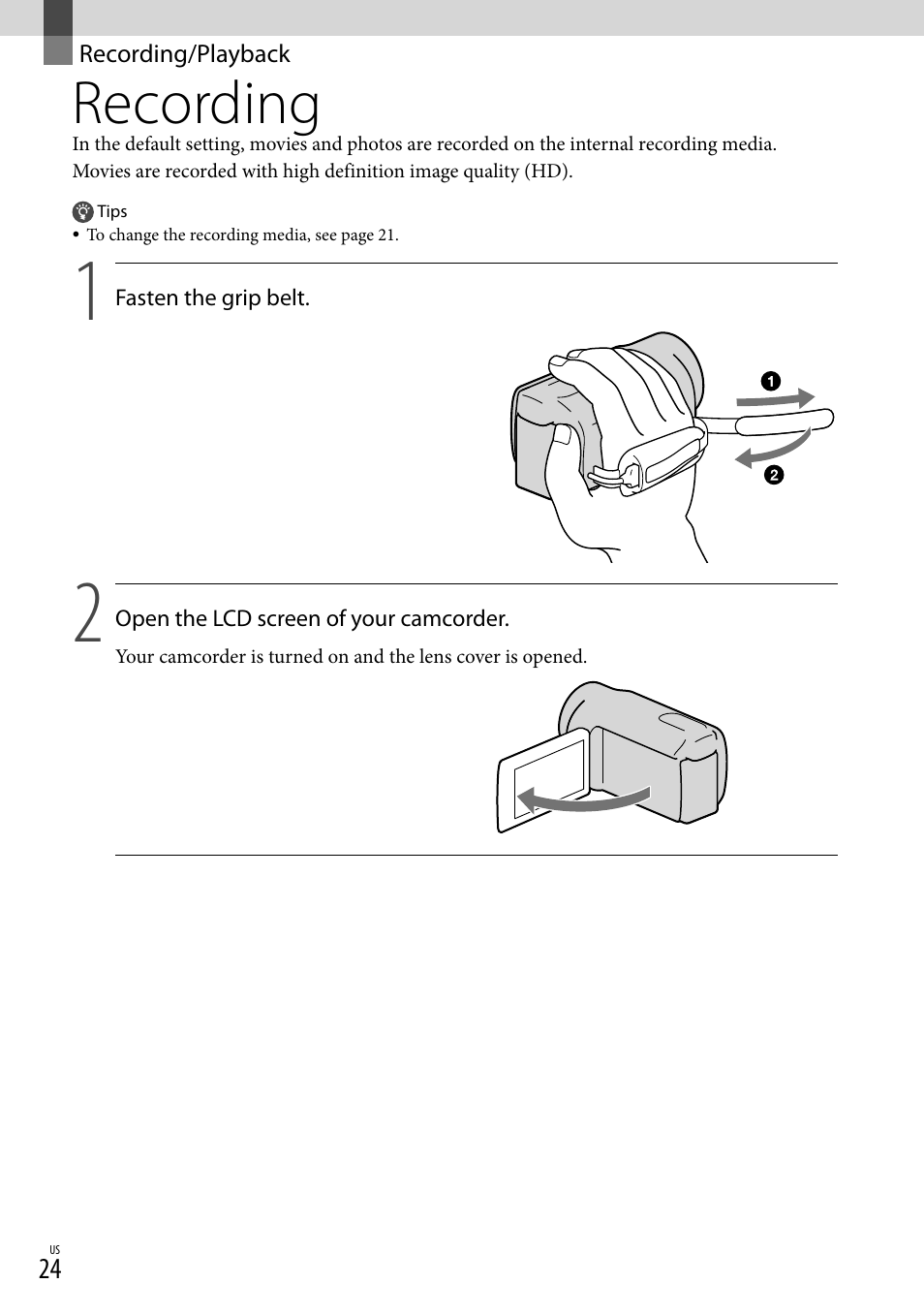 Recording/playback, Recording | Sony HDR-CX560V User Manual | Page 24 / 155