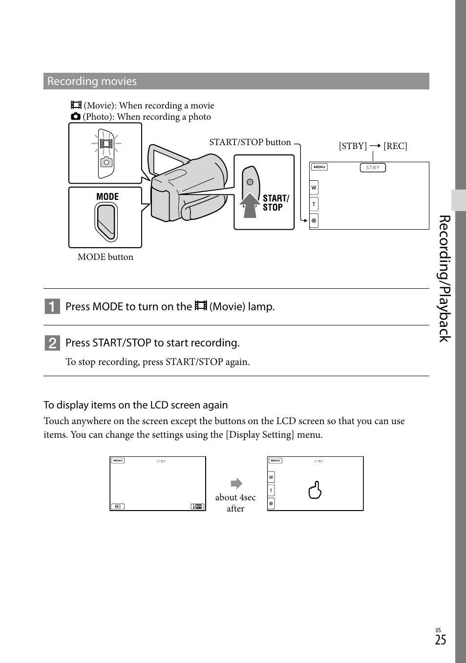 25), t, Rec or ding/p la yback | Sony HDR-CX560V User Manual | Page 25 / 155