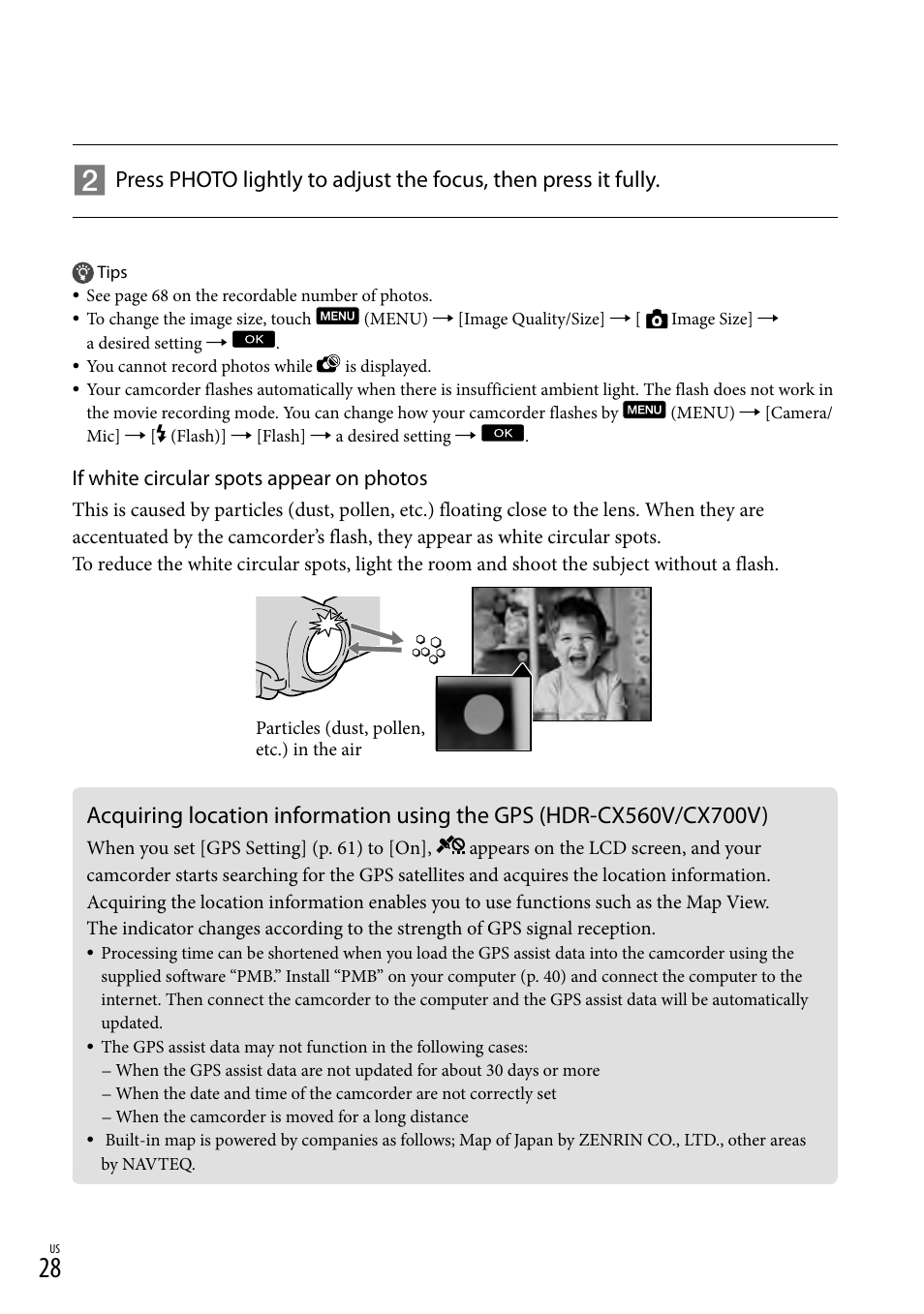 If white circular spots appear on photos | Sony HDR-CX560V User Manual | Page 28 / 155