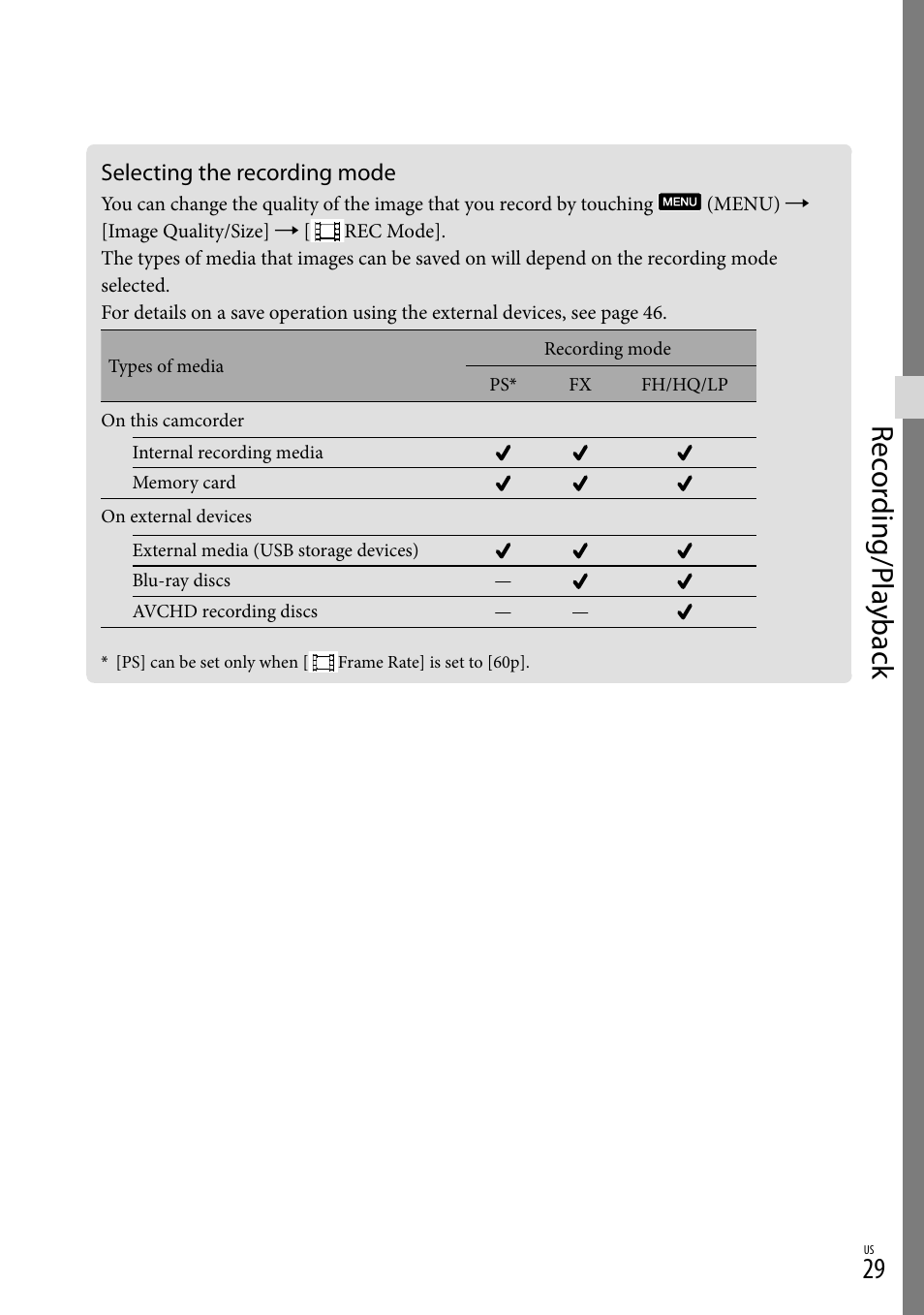 Selecting the recording mode, Rec or ding/p la yback | Sony HDR-CX560V User Manual | Page 29 / 155