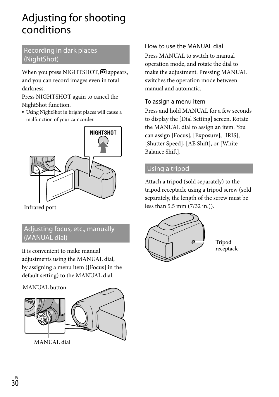 Adjusting for shooting conditions | Sony HDR-CX560V User Manual | Page 30 / 155