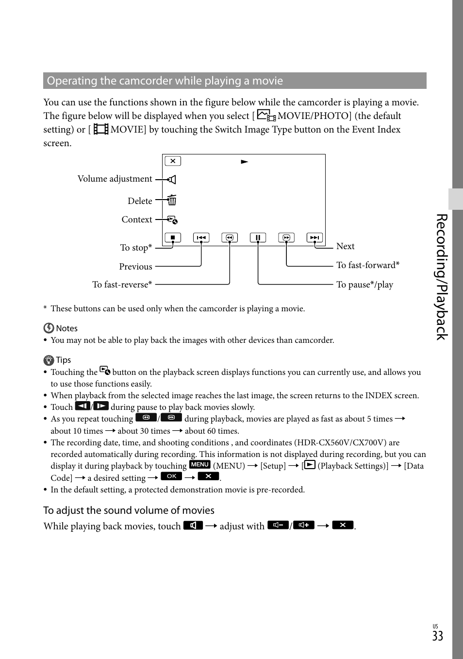 Rec or ding/p la yback, Operating the camcorder while playing a movie | Sony HDR-CX560V User Manual | Page 33 / 155