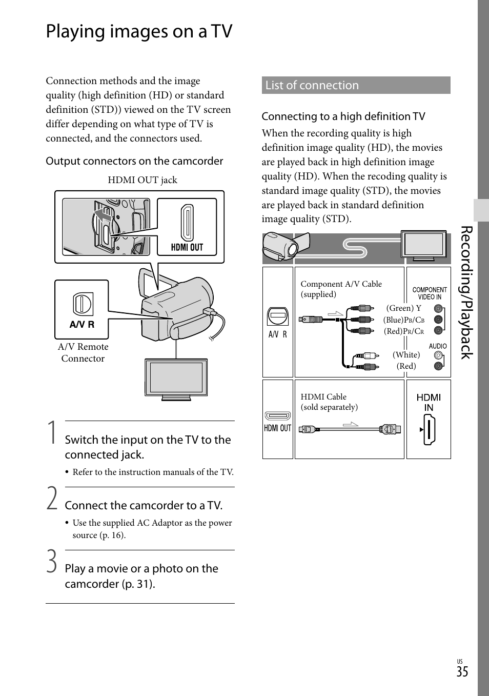 Playing images on a tv, Rec or ding/p la yback | Sony HDR-CX560V User Manual | Page 35 / 155