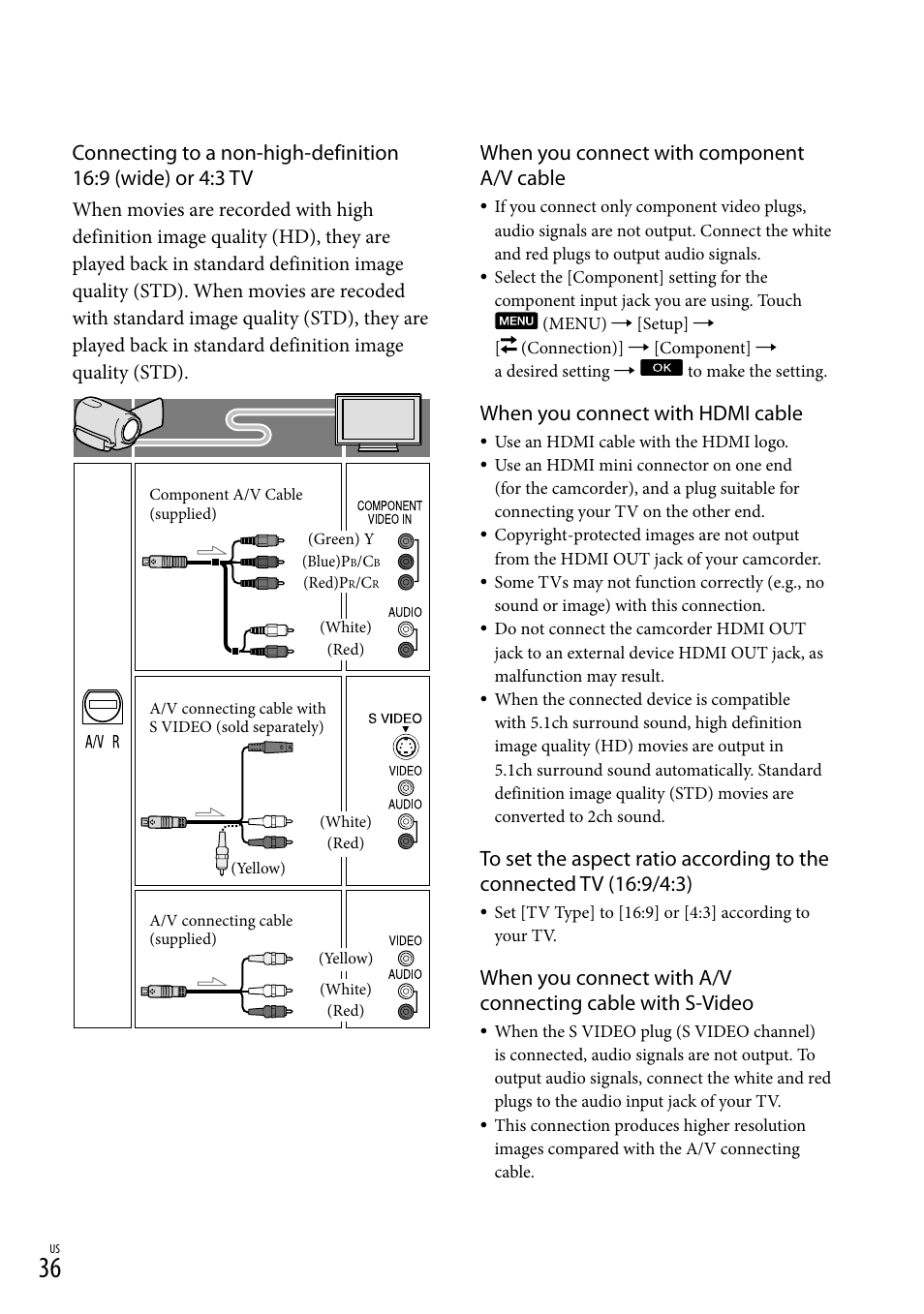 When you connect with component a/v cable, When you connect with hdmi cable | Sony HDR-CX560V User Manual | Page 36 / 155