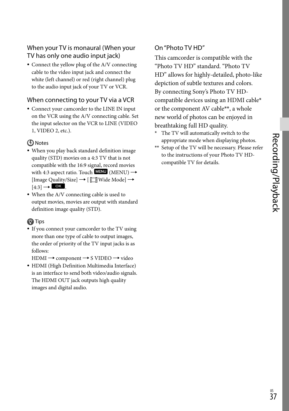 Rec or ding/p la yback | Sony HDR-CX560V User Manual | Page 37 / 155