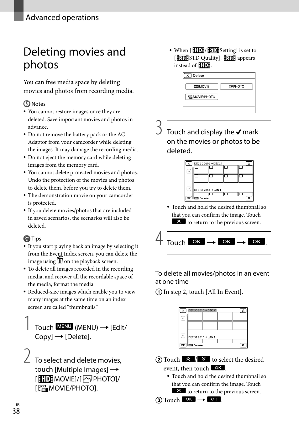 Advanced operations, Deleting movies and photos | Sony HDR-CX560V User Manual | Page 38 / 155