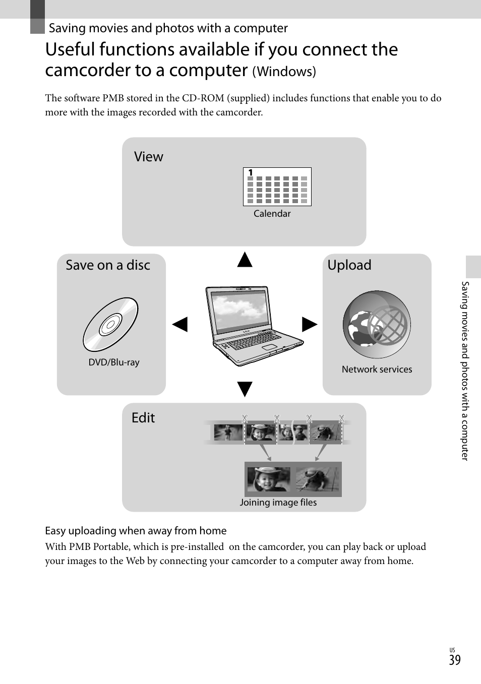 Saving movies and photos with a computer, A computer (windows), Windows) | View edit save on a disc upload | Sony HDR-CX560V User Manual | Page 39 / 155