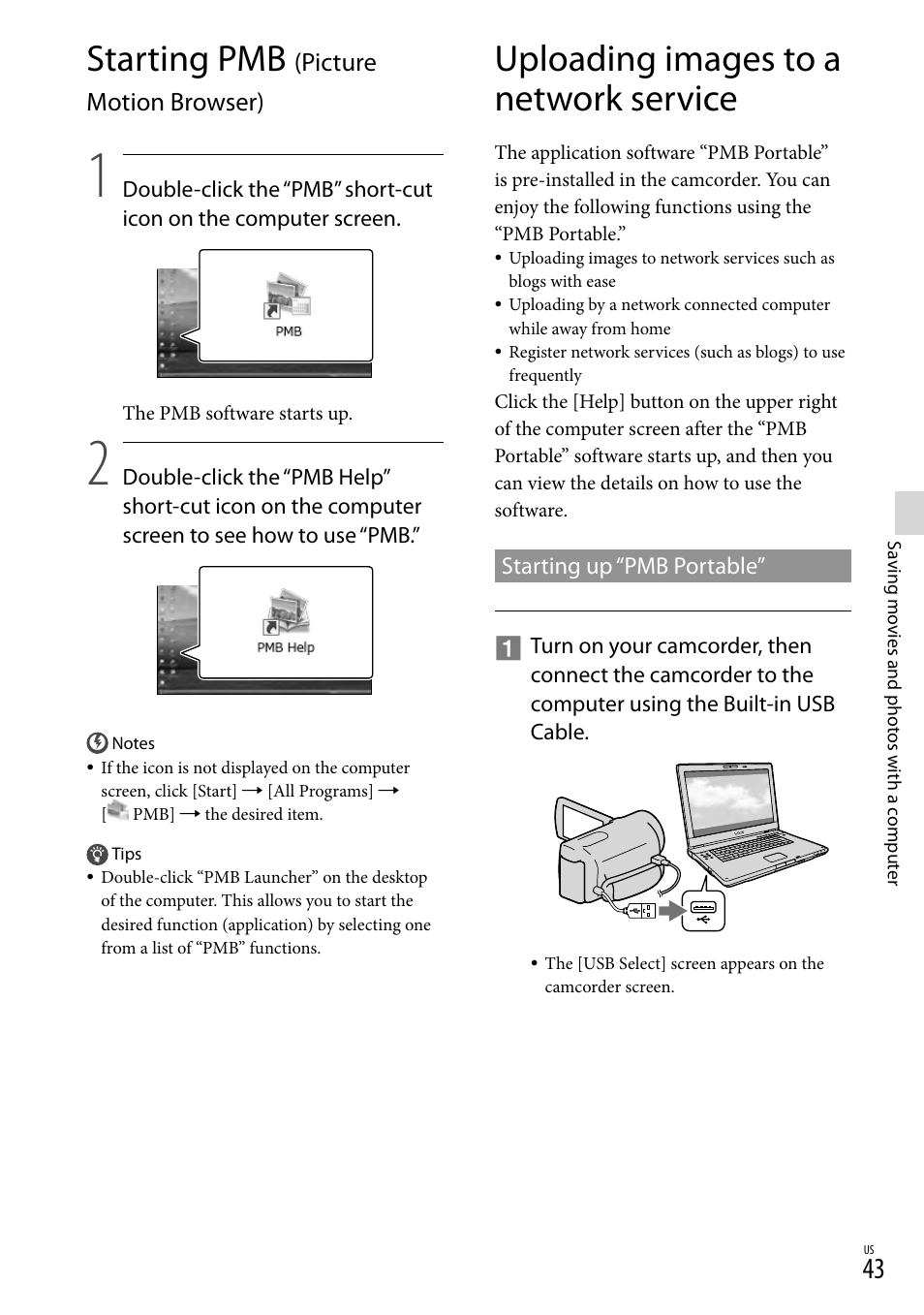 Starting pmb (picture motion browser), Uploading images to a network service, Starting pmb | Picture motion browser) | Sony HDR-CX560V User Manual | Page 43 / 155