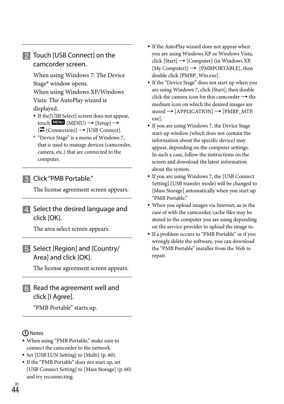 Touch [usb connect] on the camcorder screen, Click “pmb portable, Select the desired language and click [ok | Select [region] and [country/ area] and click [ok, Read the agreement well and click [i agree | Sony HDR-CX560V User Manual | Page 44 / 155