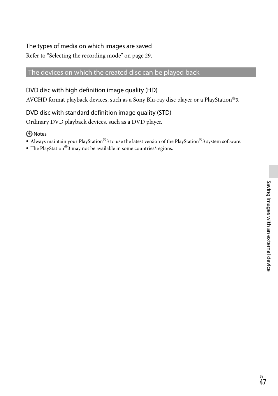 The types of media on which images are saved, Dvd disc with high definition image quality (hd) | Sony HDR-CX560V User Manual | Page 47 / 155