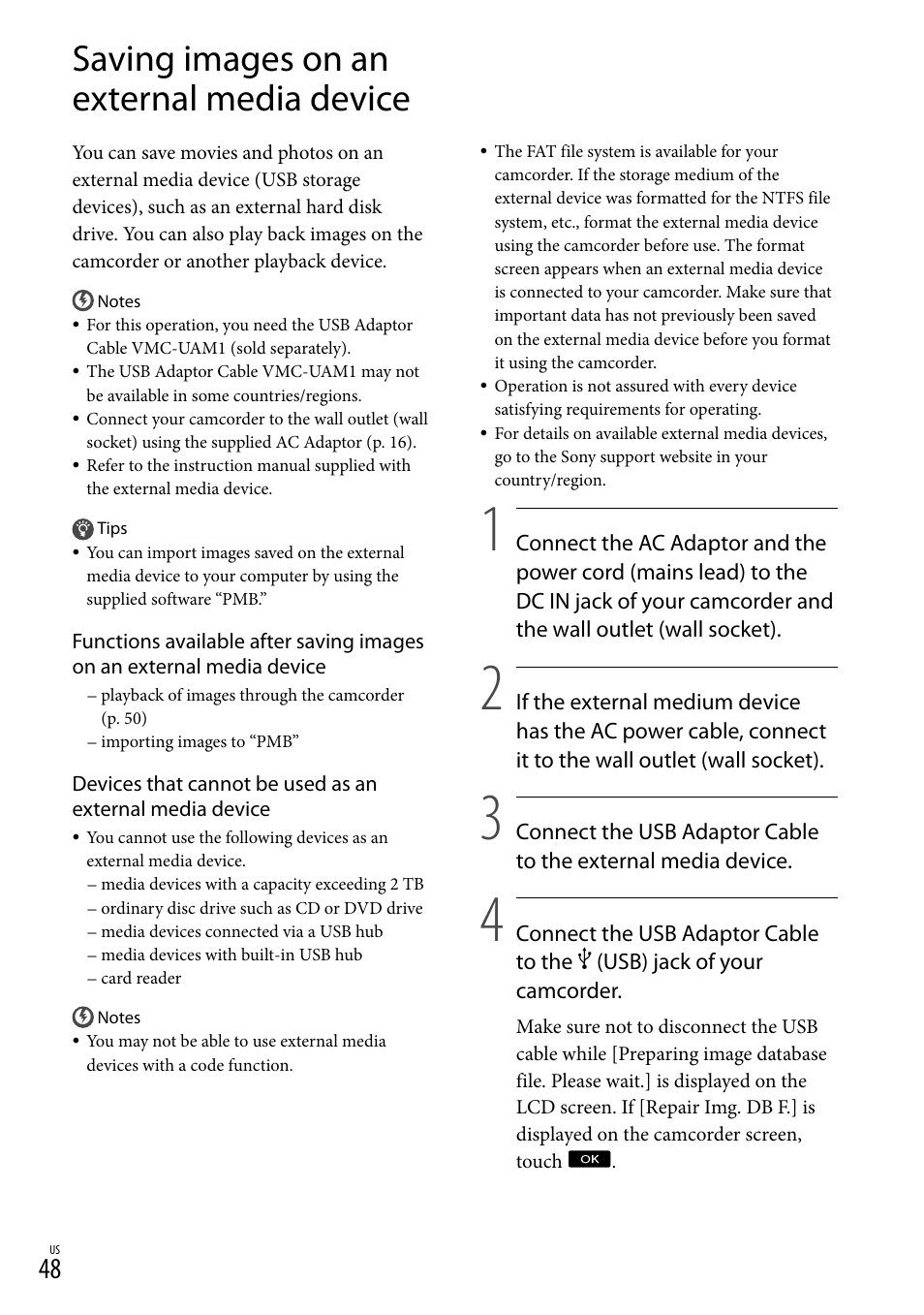 Saving images on an external media device | Sony HDR-CX560V User Manual | Page 48 / 155