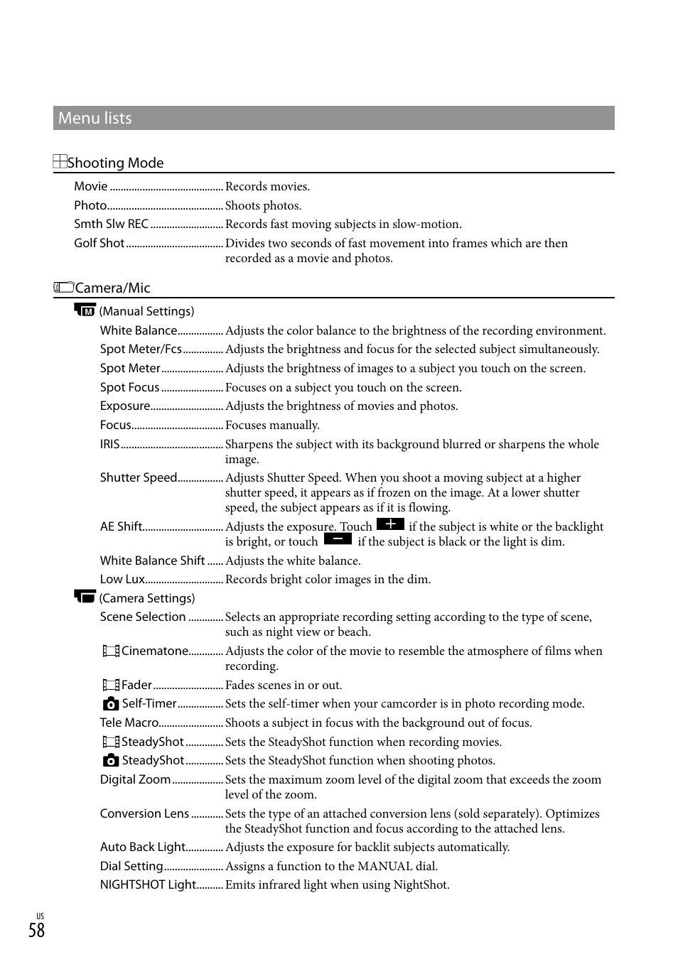 Menu lists | Sony HDR-CX560V User Manual | Page 58 / 155