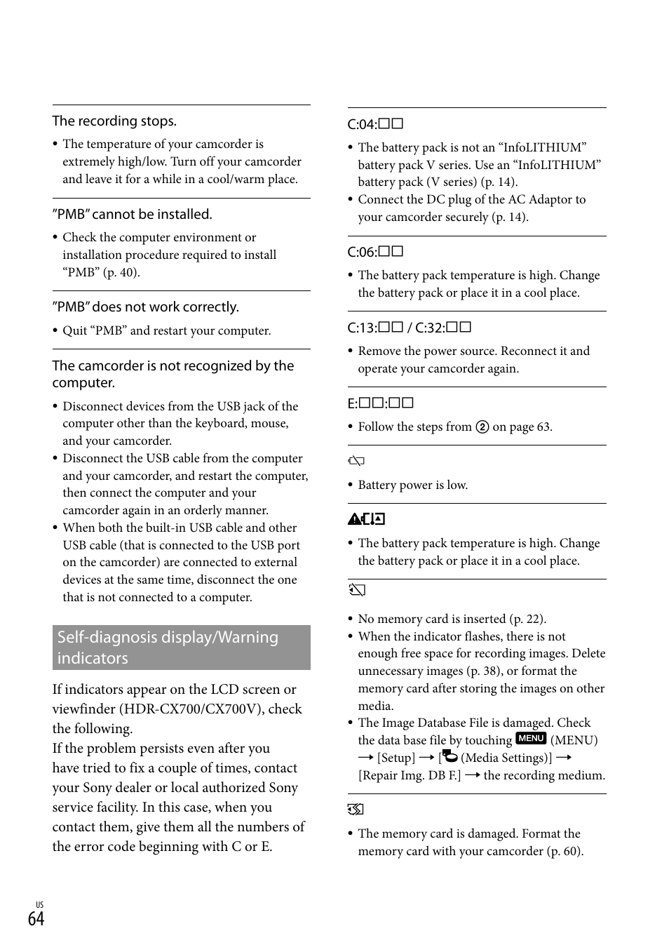 Self-diagnosis display/warning indicators | Sony HDR-CX560V User Manual | Page 64 / 155
