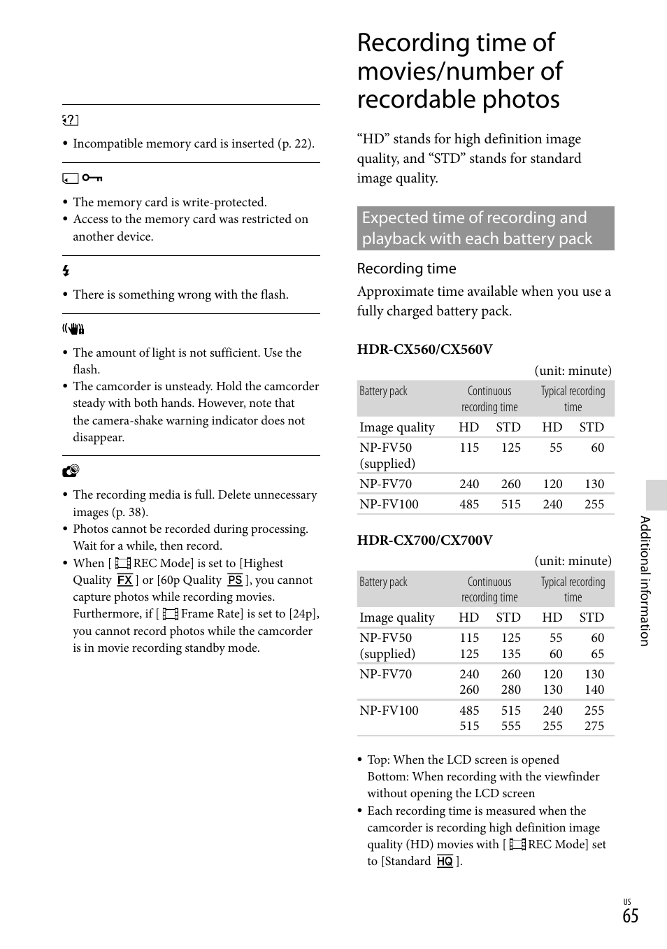 E 65 o, O 65), and | Sony HDR-CX560V User Manual | Page 65 / 155