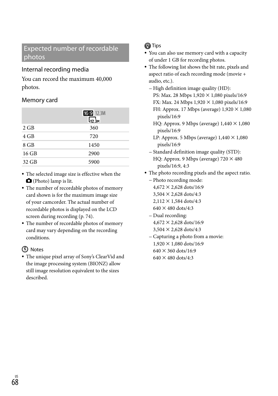 Expected number of recordable photos, Internal recording media | Sony HDR-CX560V User Manual | Page 68 / 155