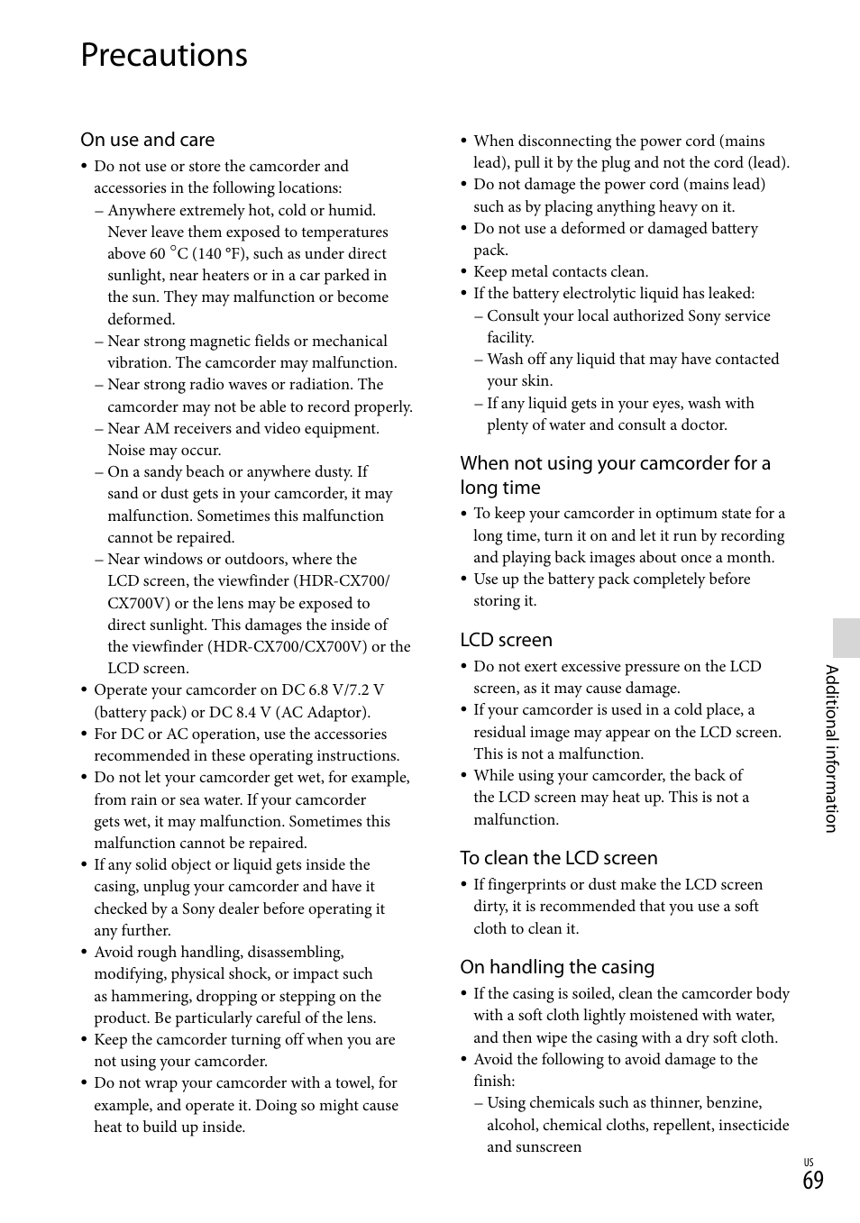 Precautions, On use and care, When not using your camcorder for a long time | Lcd screen, On handling the casing | Sony HDR-CX560V User Manual | Page 69 / 155
