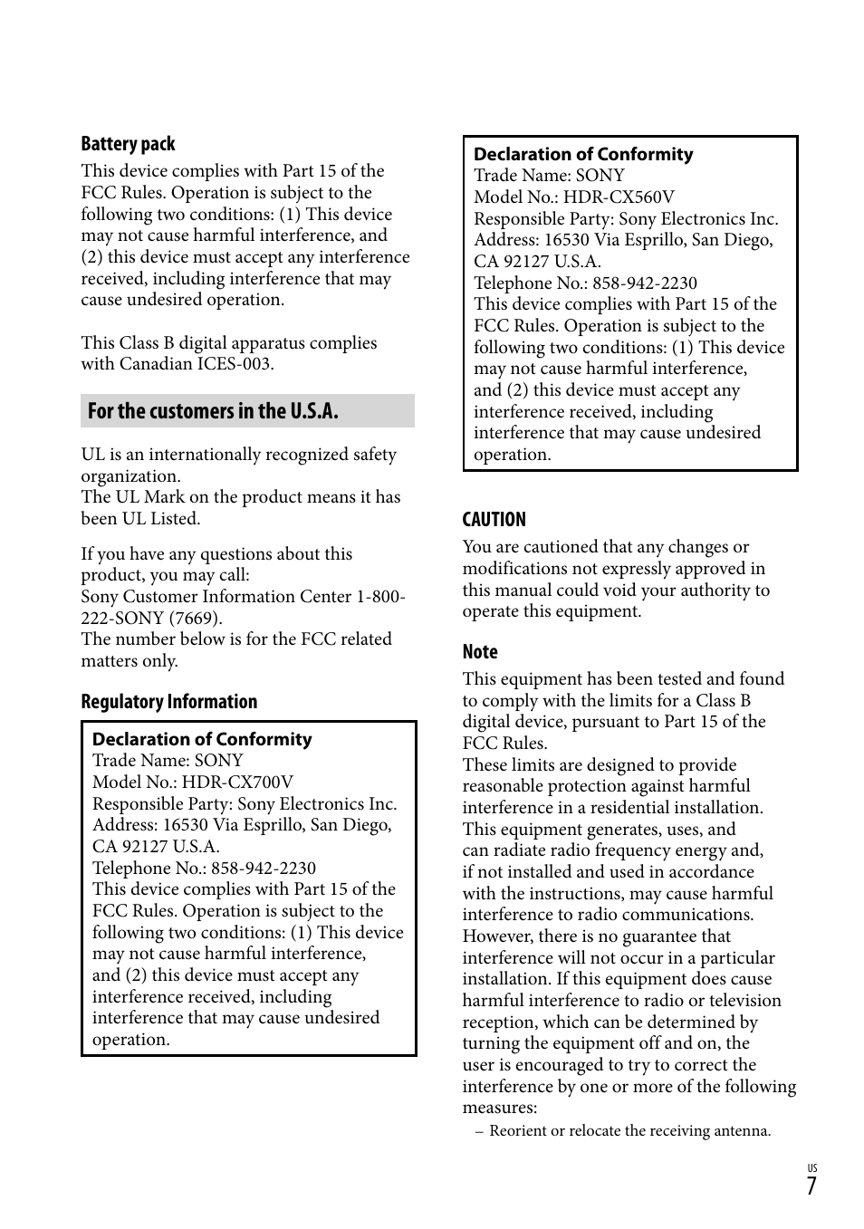 For the customers in the u.s.a | Sony HDR-CX560V User Manual | Page 7 / 155