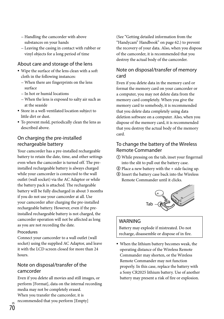 About care and storage of the lens, On charging the pre-installed rechargeable battery, Warning | Sony HDR-CX560V User Manual | Page 70 / 155