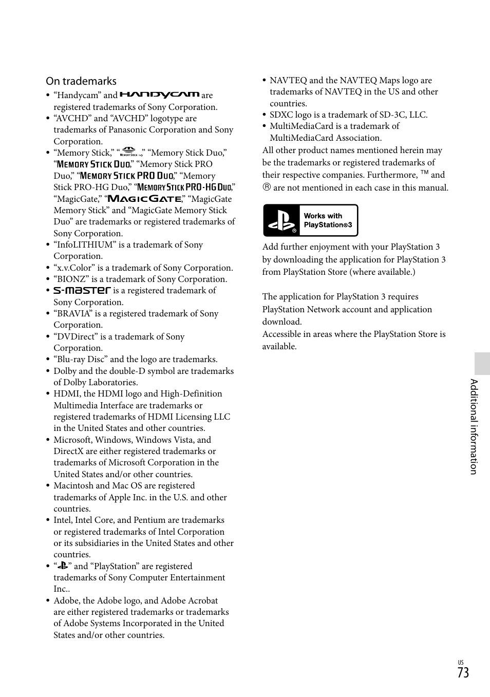 On trademarks | Sony HDR-CX560V User Manual | Page 73 / 155