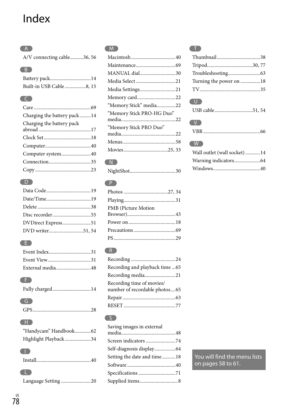 Index | Sony HDR-CX560V User Manual | Page 78 / 155