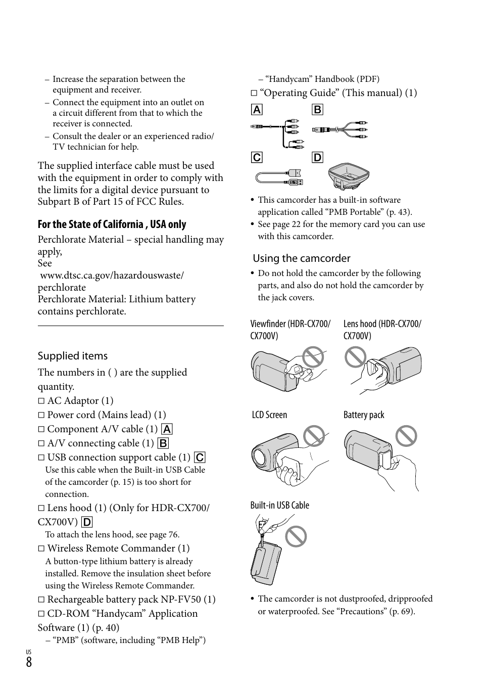 For the state of california , usa only | Sony HDR-CX560V User Manual | Page 8 / 155