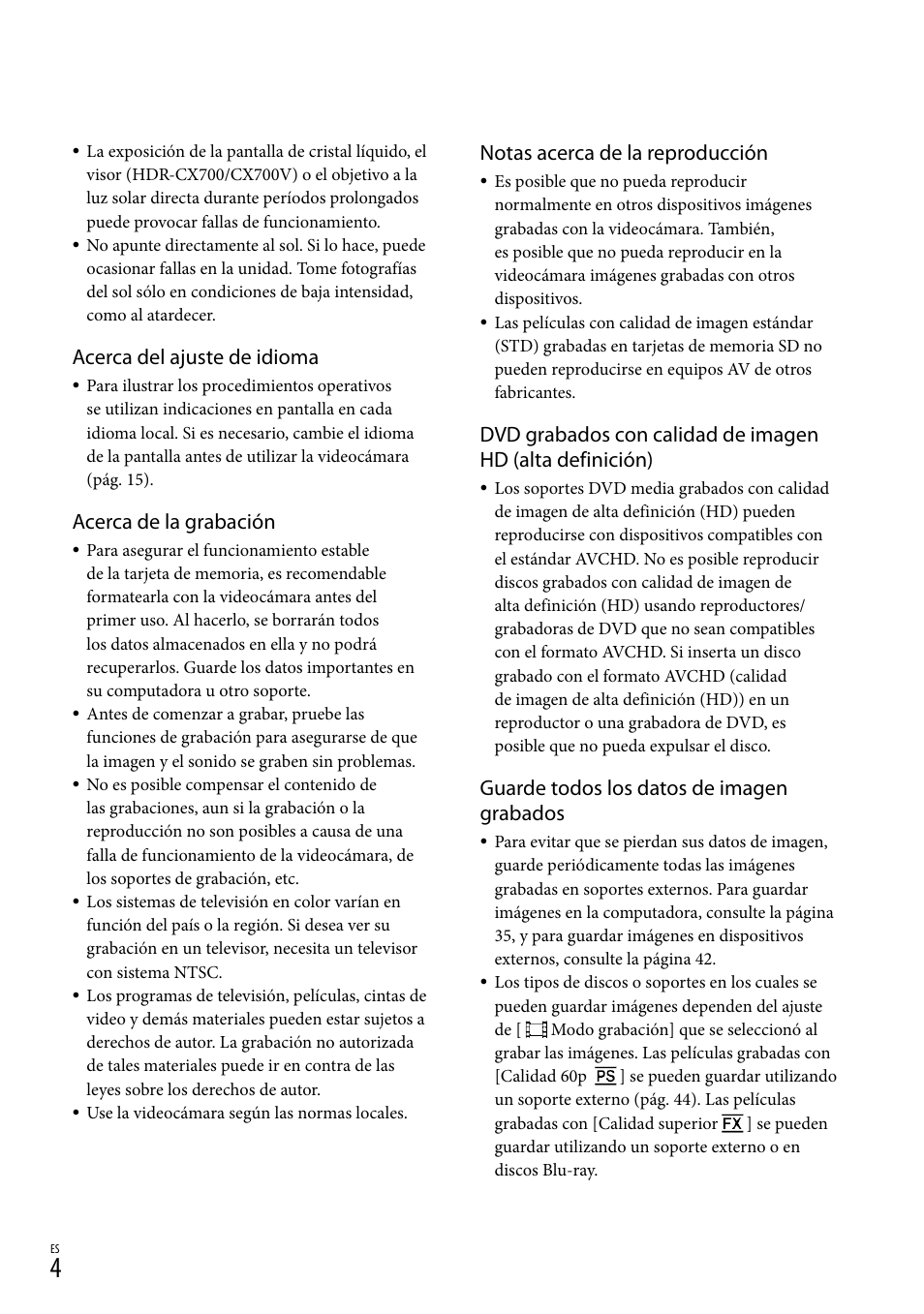 Acerca del ajuste de idioma, Acerca de la grabación, Notas acerca de la reproducción | Guarde todos los datos de imagen grabados | Sony HDR-CX560V User Manual | Page 82 / 155