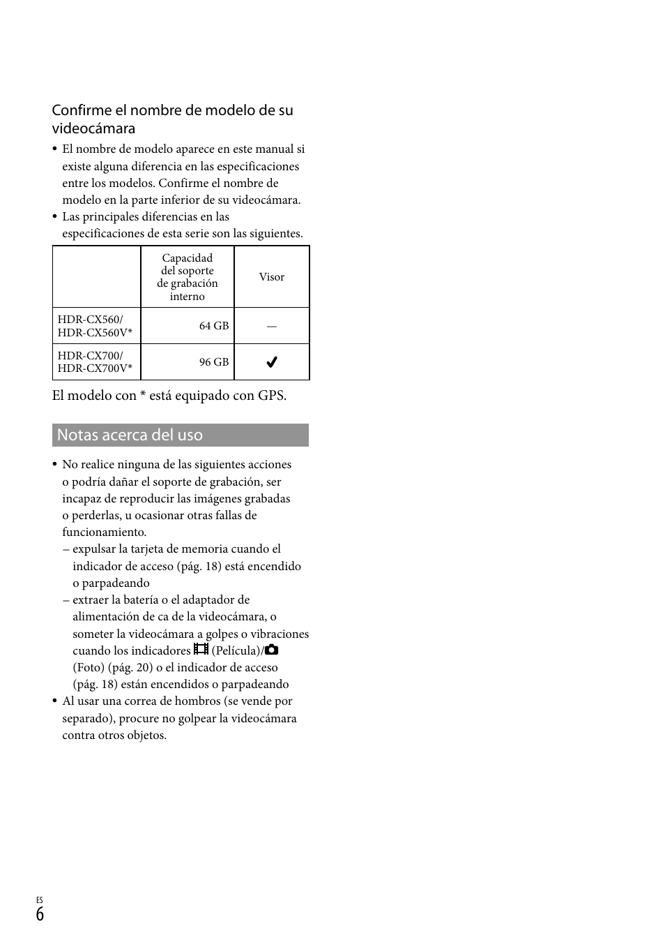 Notas acerca del uso, Confirme el nombre de modelo de su videocámara | Sony HDR-CX560V User Manual | Page 84 / 155