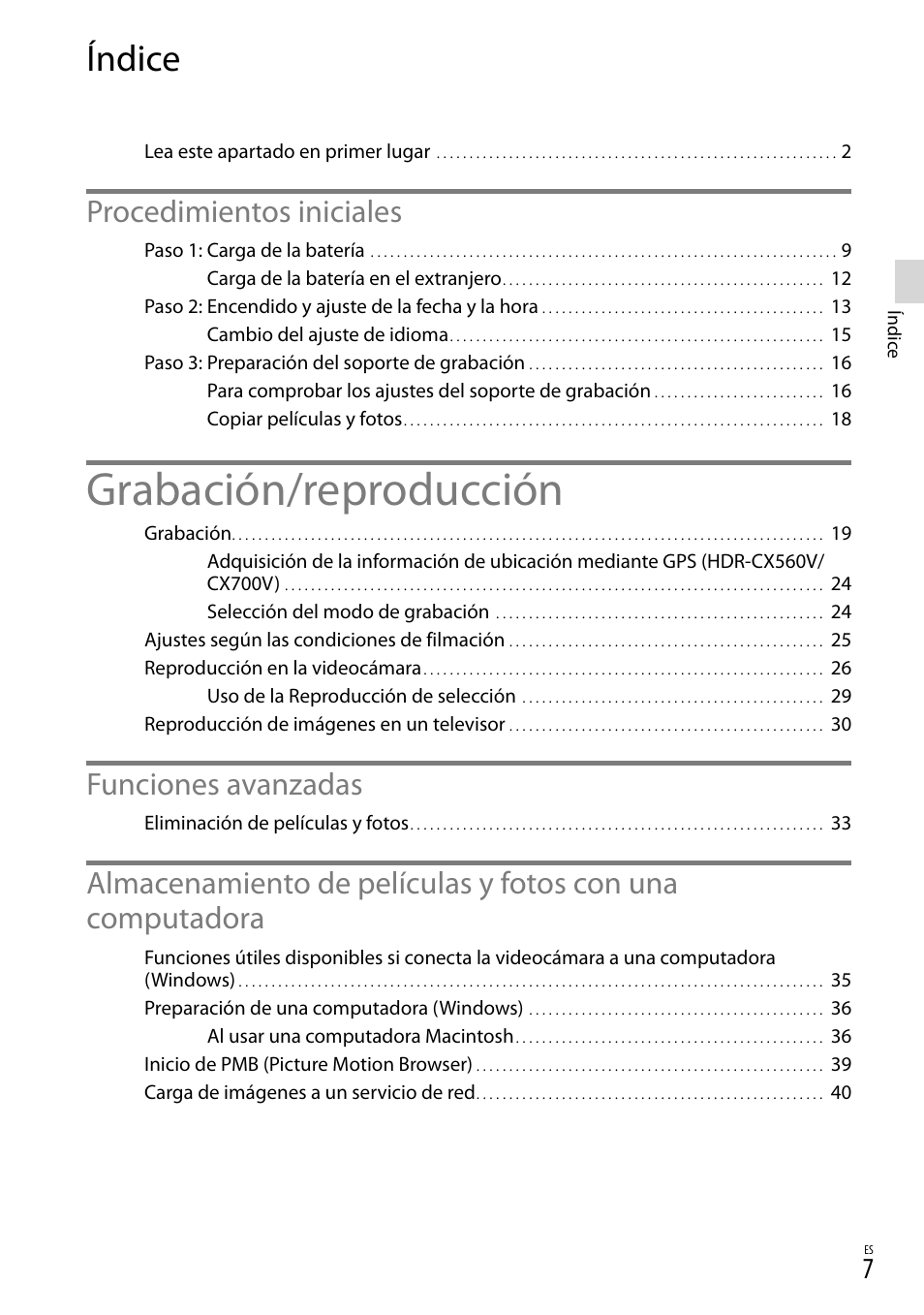 Índice, Grabación/reproducción, Procedimientos iniciales | Funciones avanzadas | Sony HDR-CX560V User Manual | Page 85 / 155