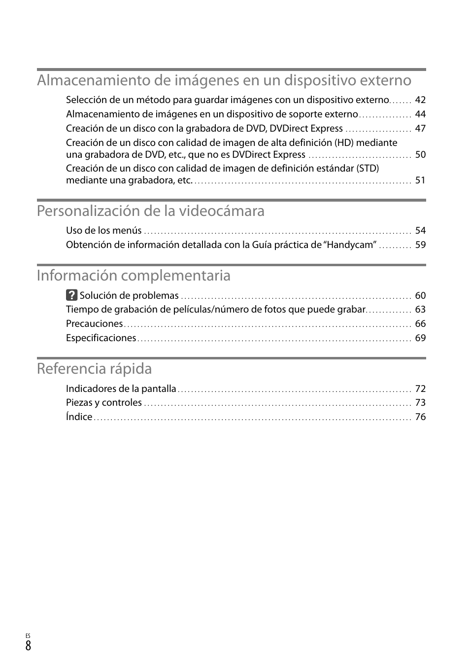 Personalización de la videocámara, Información complementaria, Referencia rápida | Sony HDR-CX560V User Manual | Page 86 / 155