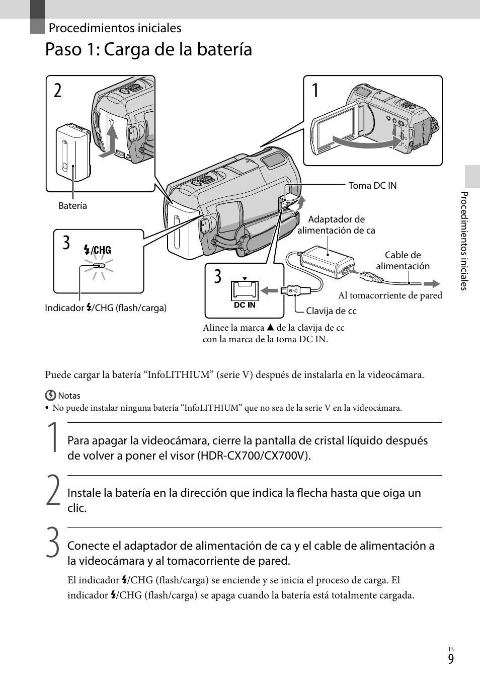 Procedimientos iniciales, Paso 1: carga de la batería | Sony HDR-CX560V User Manual | Page 87 / 155
