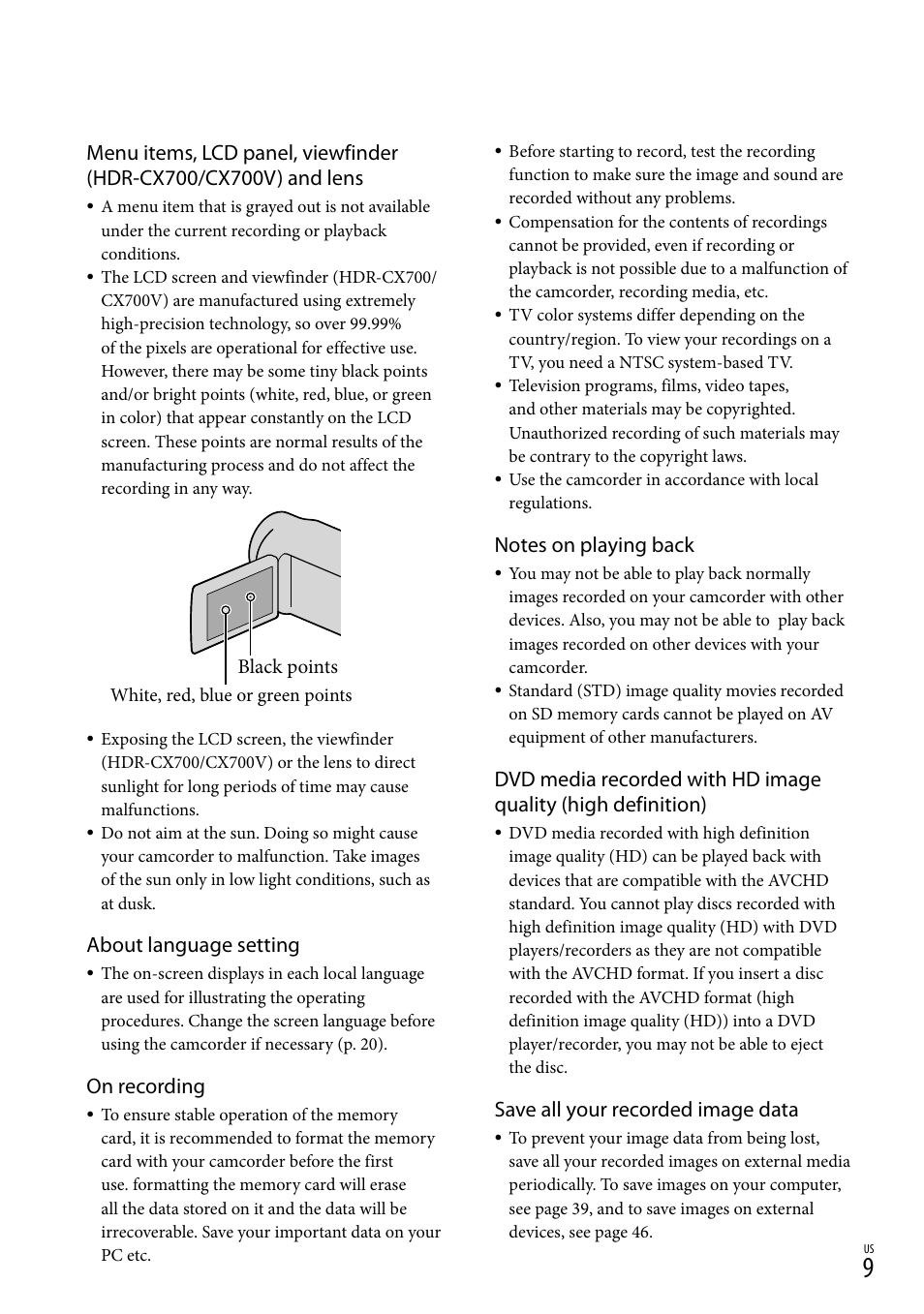 About language setting, On recording, Save all your recorded image data | Sony HDR-CX560V User Manual | Page 9 / 155