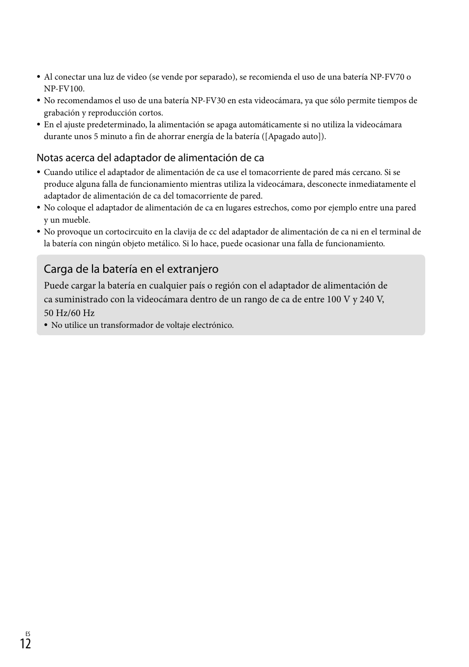 Carga de la batería en el extranjero, Notas acerca del adaptador de alimentación de ca | Sony HDR-CX560V User Manual | Page 90 / 155