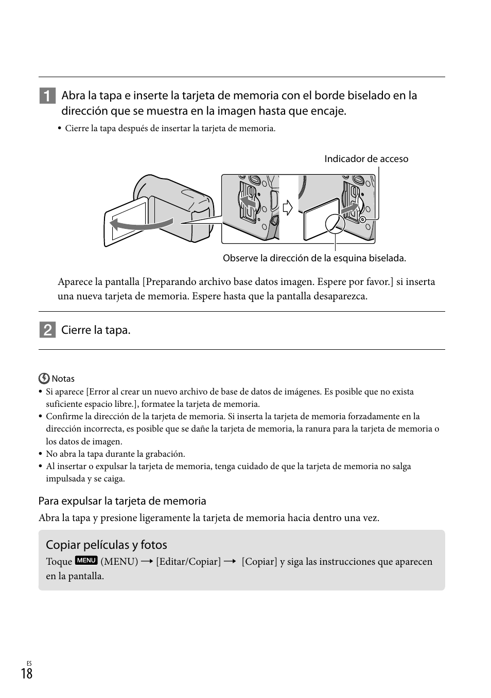 Copiar películas y fotos, 18) es | Sony HDR-CX560V User Manual | Page 96 / 155