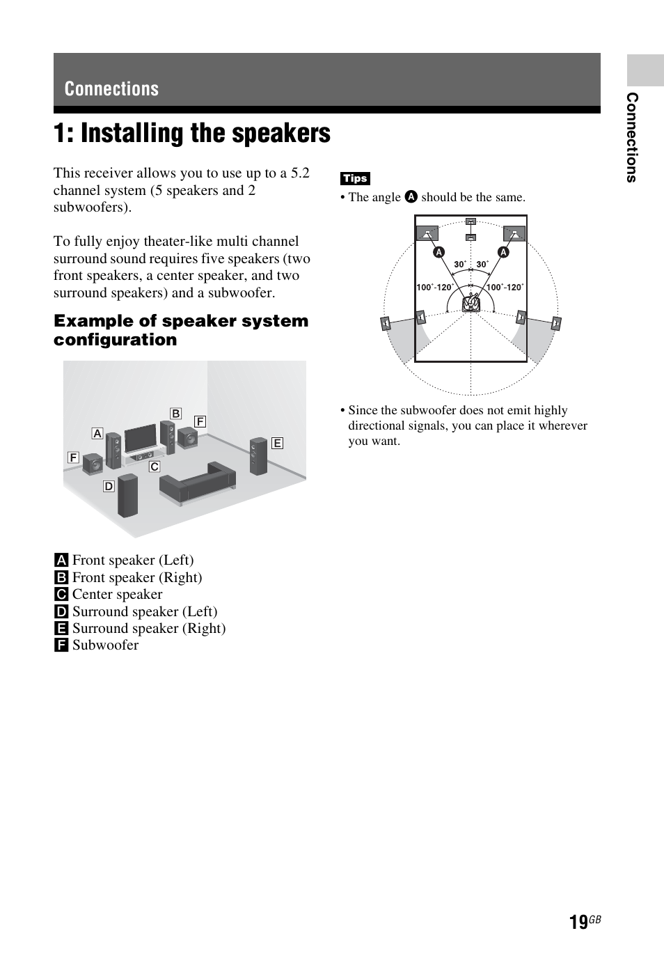 Connections, Installing the speakers | Sony STR-DH540 User Manual | Page 19 / 80
