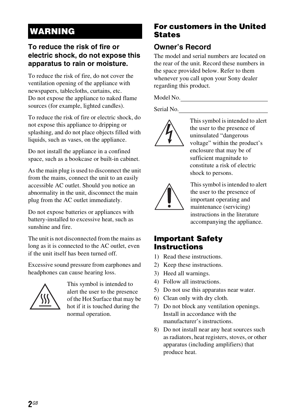 Warning | Sony STR-DH540 User Manual | Page 2 / 80