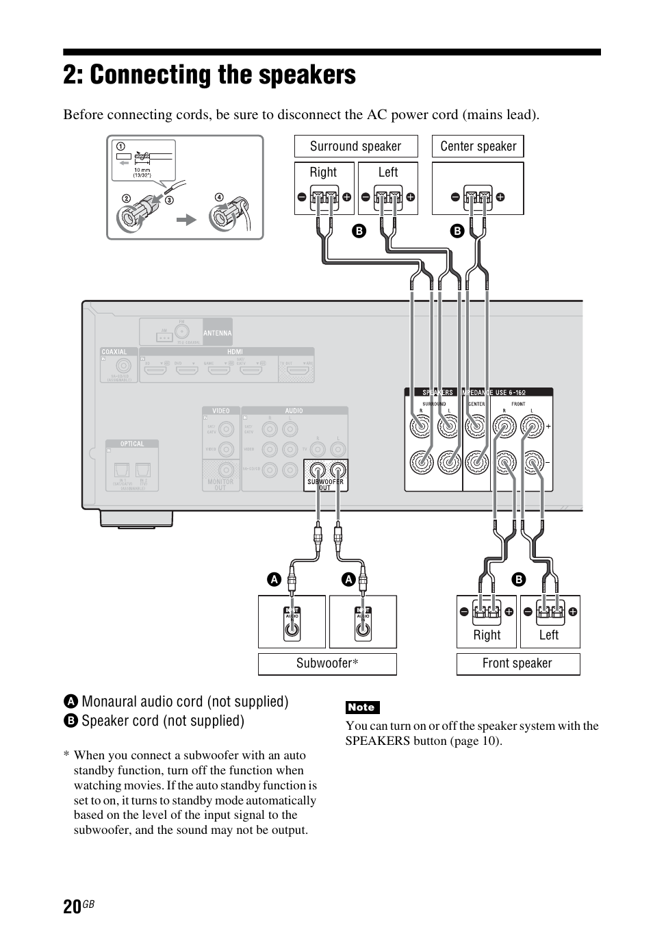 Connecting the speakers | Sony STR-DH540 User Manual | Page 20 / 80