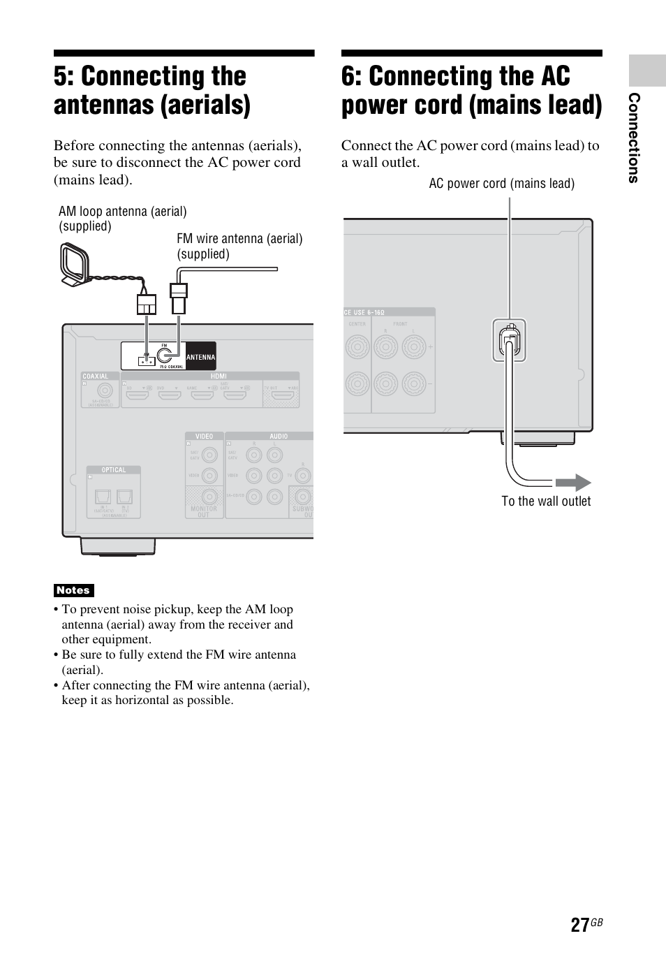 Connecting the antennas (aerials), Connecting the ac power cord (mains lead), Connecting the antennas | Aerials), Connecting the ac power cord, Mains lead) | Sony STR-DH540 User Manual | Page 27 / 80
