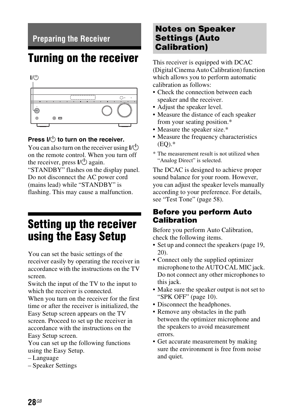 Preparing the receiver, Turning on the receiver, Setting up the receiver using the easy setup | Easy setup | Sony STR-DH540 User Manual | Page 28 / 80