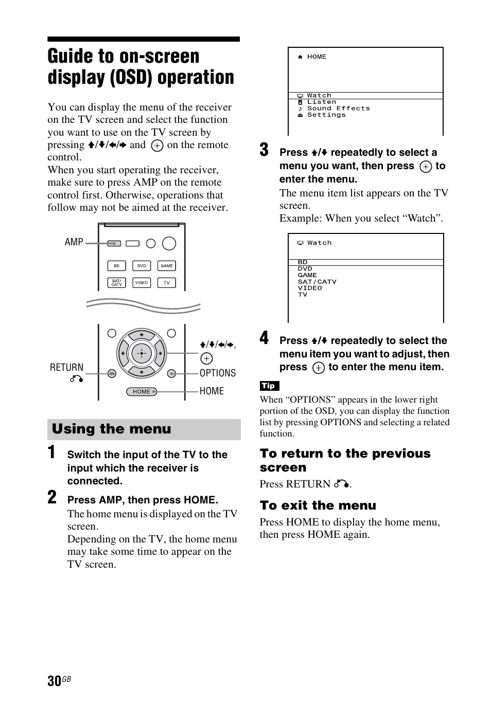 Guide to on-screen display (osd) operation, Guide to on-screen display (osd), Operation | Using the menu | Sony STR-DH540 User Manual | Page 30 / 80