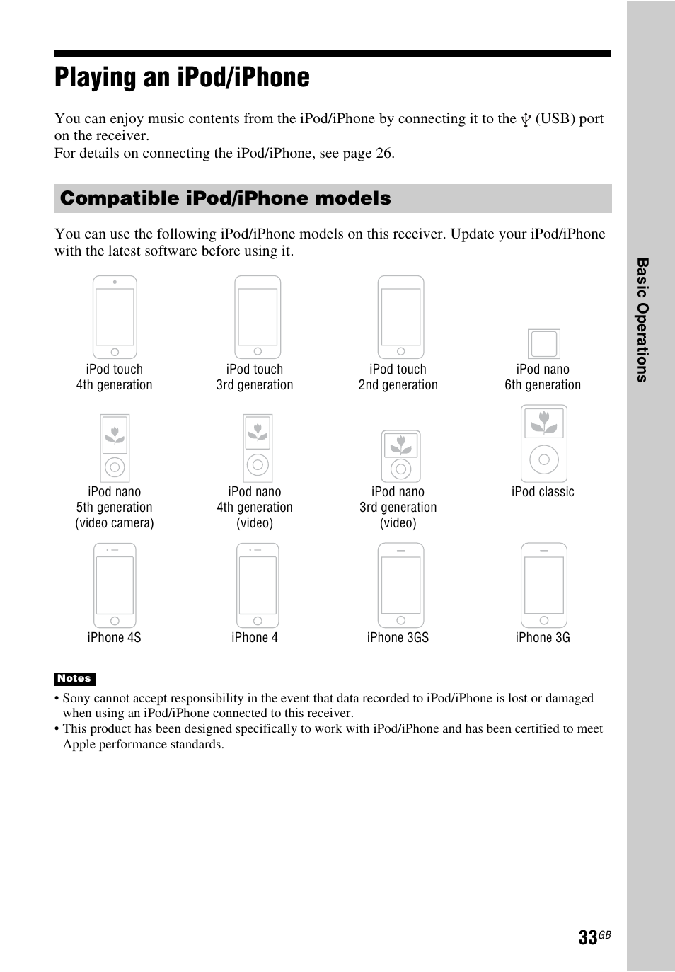 Playing an ipod/iphone, Compatible ipod/iphone models | Sony STR-DH540 User Manual | Page 33 / 80