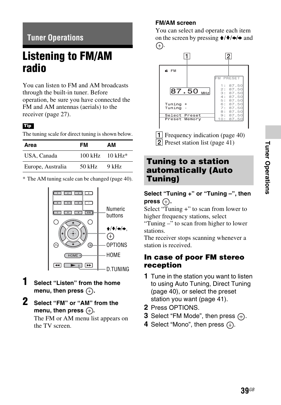 Tuner operations, Listening to fm/am radio, Tuning to a station automatically (auto tuning) | Sony STR-DH540 User Manual | Page 39 / 80