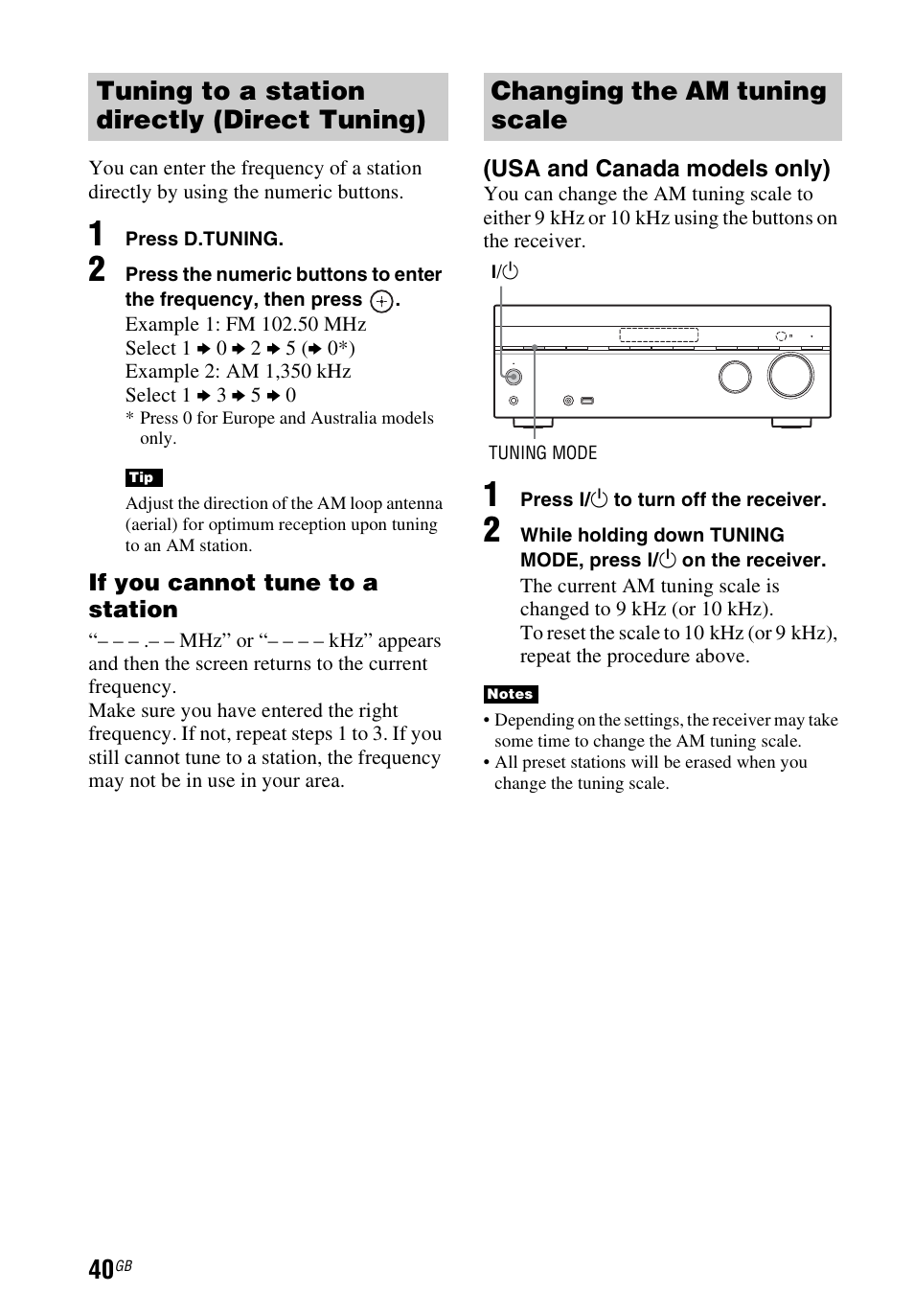 Tuning to a station directly (direct tuning), Changing the am tuning scale | Sony STR-DH540 User Manual | Page 40 / 80