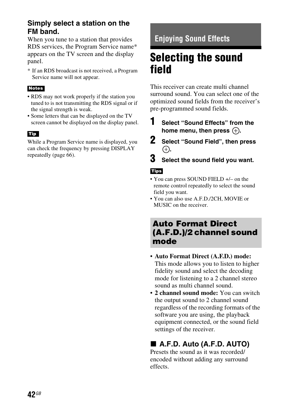 Enjoying sound effects, Selecting the sound field, Auto format direct (a.f.d.)/2 channel sound mode | Sony STR-DH540 User Manual | Page 42 / 80