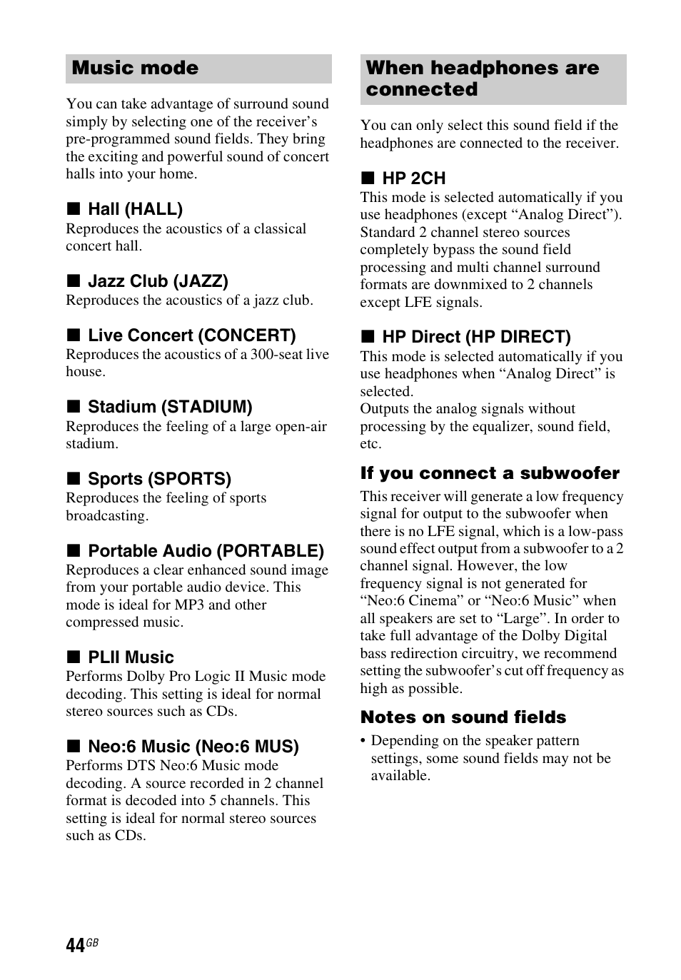 Music mode when headphones are connected | Sony STR-DH540 User Manual | Page 44 / 80