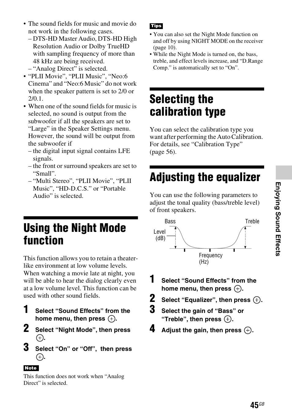 Using the night mode function, Selecting the calibration type, Adjusting the equalizer | Sony STR-DH540 User Manual | Page 45 / 80