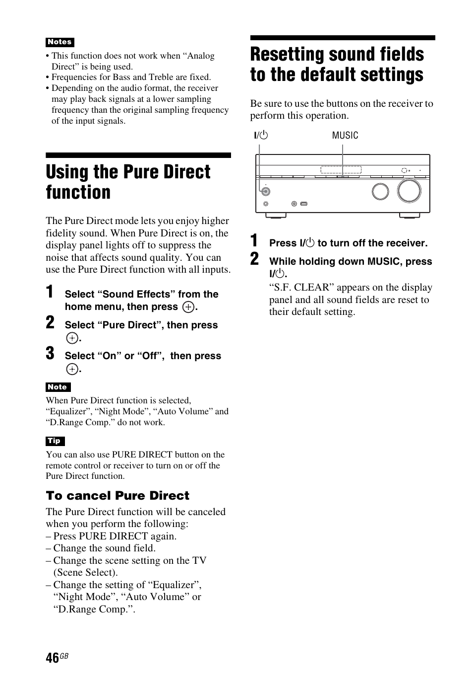 Using the pure direct function, Resetting sound fields to the default settings, Default settings | Sony STR-DH540 User Manual | Page 46 / 80